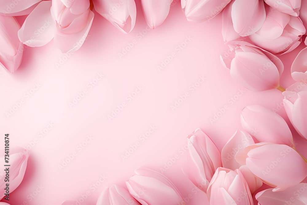 Top-down perspective of tulip blossoms on a soft rose-pink surface, creating an aesthetically pleasing background for text.