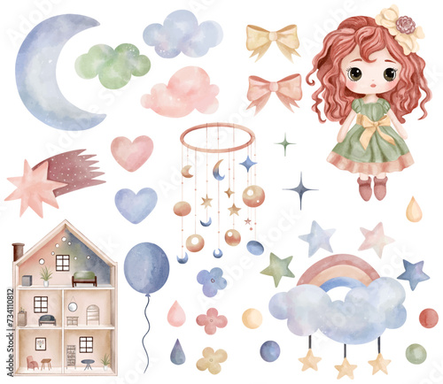 Watercolor toys doll, puppet house. Set of vector hand drawn nursery elements, clouds, moon, rainbow, stars