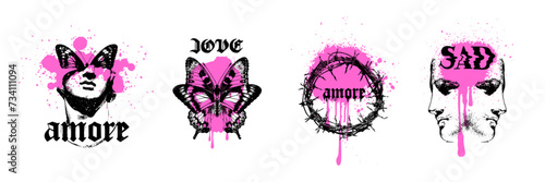 Y2k gothic sticker set, vector dark love tattoo print, emo vintage texture grunge design element. Love fashion composition butterfly silhouette, noise texture metal music cover poster. Gothic sticker