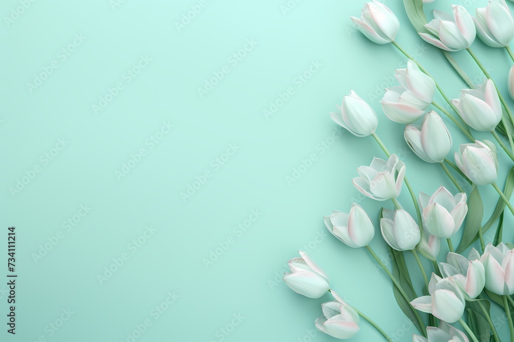 Top-down perspective of tulip blossoms arranged on a serene mint green backdrop, creating an ideal canvas for text placement.