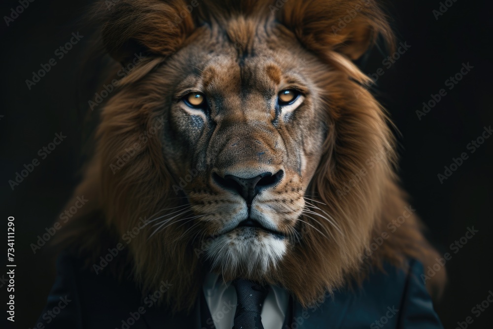 A close-up image of a lion dressed in a suit and tie. This picture can be used to depict a professional or sophisticated concept