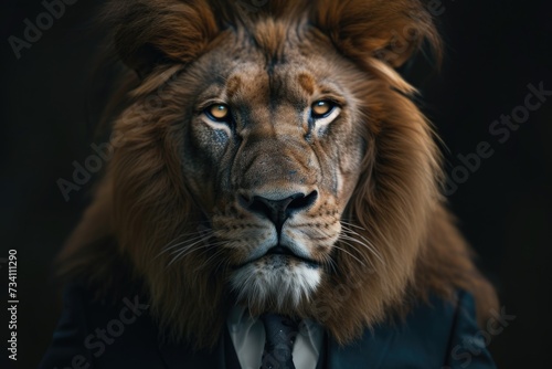 A close-up image of a lion dressed in a suit and tie. This picture can be used to depict a professional or sophisticated concept