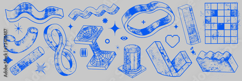 Retro futuristic y2k shapes collection, vector surreal cyberpunk abstract forms, grunge techno icon. Geometric minimal construction kit vintage rave noise object print. Futuristic shapes bitmap effect