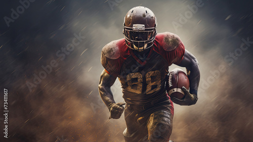 American football player runs with the ball through smoke and dust.