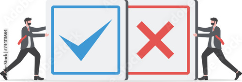 Pros and cons, do and don't or negative vs positive, comparison or advice article, yes or no, good or bad idea concept, business people holding big pros and cons, right and wrong symbols.

