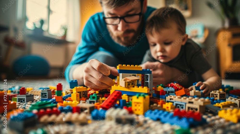 A father and son bond over building colorful structures with tiny toy blocks, their laughter filling the room as they create endless possibilities with their imaginations - obrazy, fototapety, plakaty 