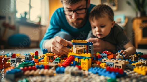 A father and son bond over building colorful structures with tiny toy blocks, their laughter filling the room as they create endless possibilities with their imaginations photo
