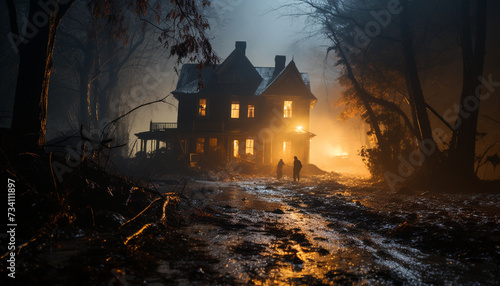 Spooky night outdoors, nature horror in winter dark Halloween generated by AI photo