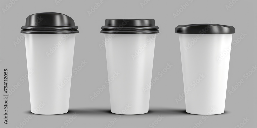 Three white cups with black lids are placed on a gray background. This versatile image can be used for various purposes Three white cups with black lids are placed on a gray background. This versatile image can be used for various purposes