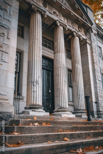 A picture of a building with a black door and steps. This image can be used to represent architecture, entrances, or urban environments