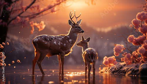 Cute deer standing in winter forest, reflecting beauty in nature generated by AI