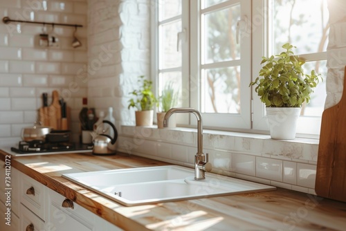 A kitchen sink positioned under a window  offering a view of the outside. Ideal for showcasing a functional and well-designed kitchen space