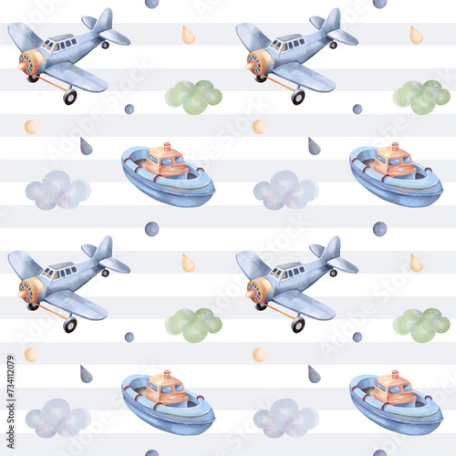 Seamless pattern with airplane, boat. Cute childish wallpaper. Watercolor toys background in pastel colors