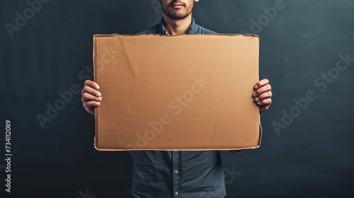 A smiling man stands against a wall, holding a cardboard sign as he bravely wears his emotions and struggles on his clothing