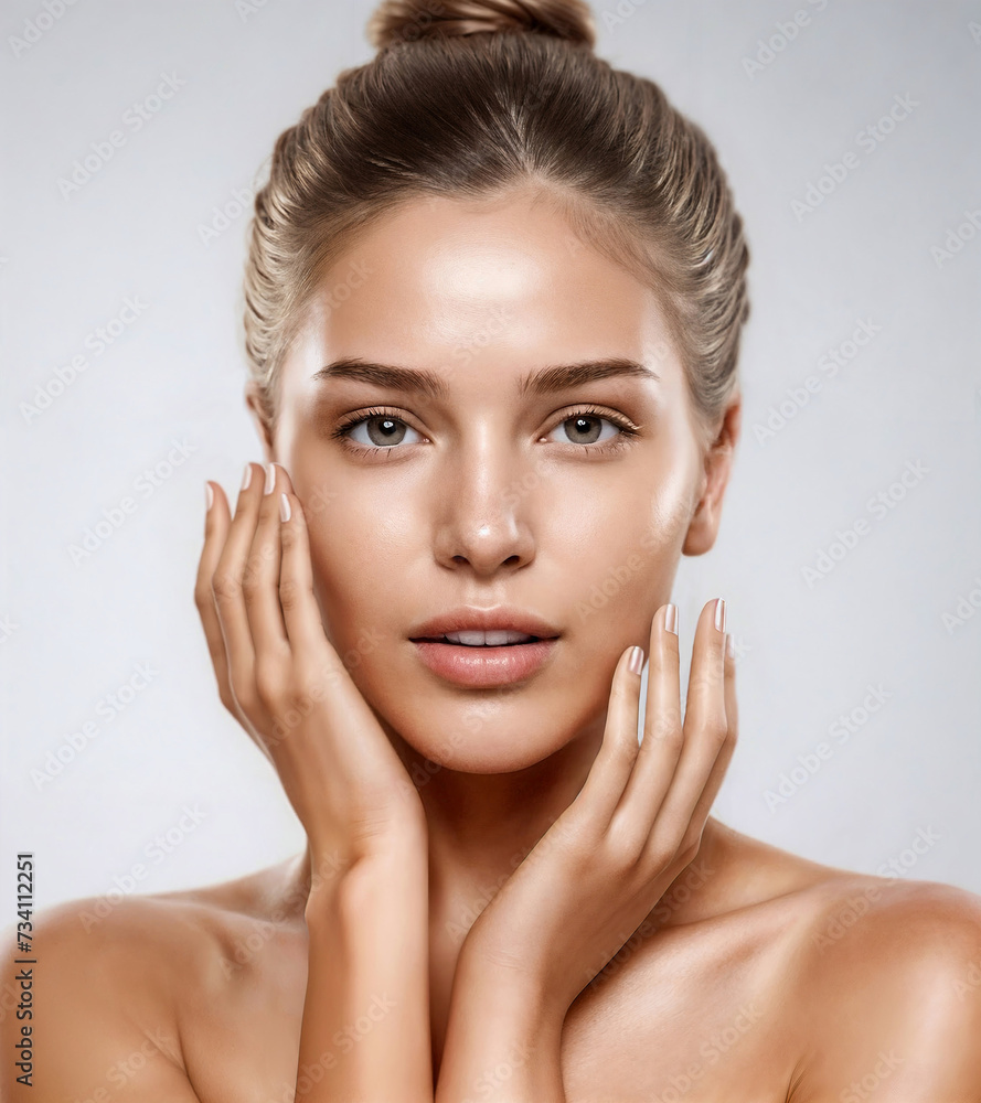 Beautiful woman. Beauty industry. Clean skin. Softness. Beauty spa model touching her face against gray background. AI generative image. Beautiful woman. Beauty industry. Clean skin. Softness. Beauty spa model touching her face against gray background. AI generative image.