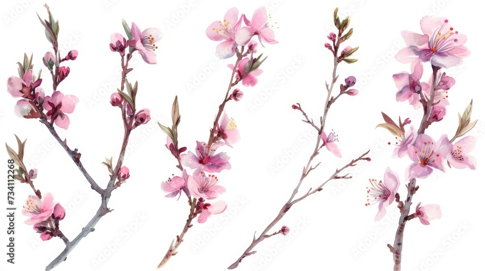 A bunch of pink flowers on a branch. Can be used to add a pop of color to any floral arrangement or as a symbol of love and beauty