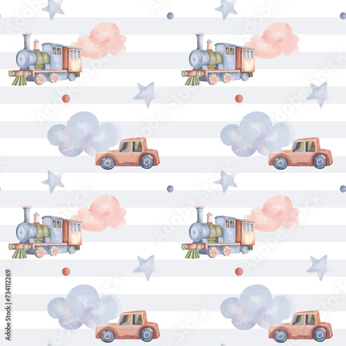 Seamless pattern with train, car. Cute childish wallpaper. Watercolor toys background in pastel colors