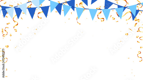 Festive banner background with blue flags and gold confetti, vector illustration