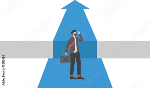 Businessman standing and looking down over big gap on way. Concept of crisis and failure

