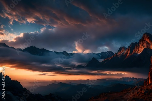 sunset in the mountains with cloudy background in Autumn season looking realistic generated by AI © Kashif