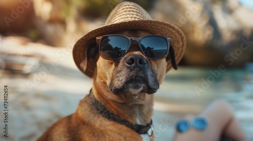 A dog is pictured wearing a hat and sunglasses on a sunny beach. This image can be used to depict a fun and stylish pet enjoying a day at the beach