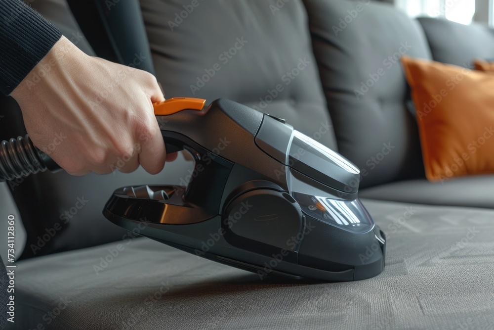 A person is seen using a handheld vacuum cleaner to clean a couch. This image can be used to depict household cleaning or to illustrate the use of cleaning tools