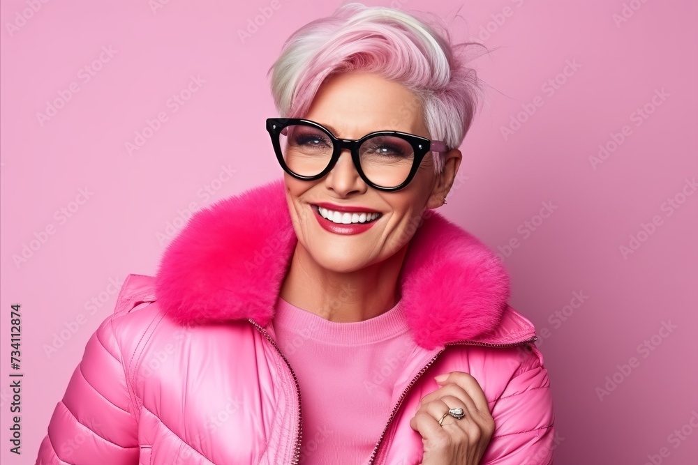 Portrait of a stylish woman wearing pink wig and eyeglasses