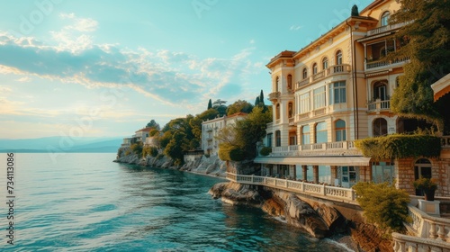 A scenic view of a body of water near a building. This image captures the peacefulness of the waterfront and showcases the proximity of the building to the water. Suitable for various uses