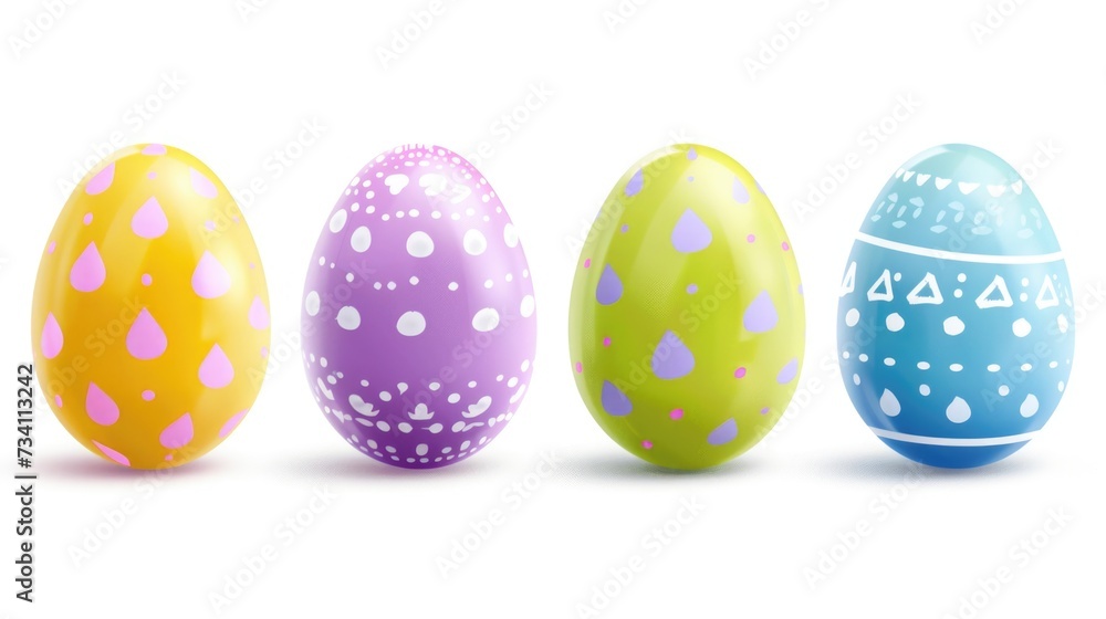 Colorful painted Easter eggs arranged in a row on a white background. Perfect for Easter-themed designs and decorations
