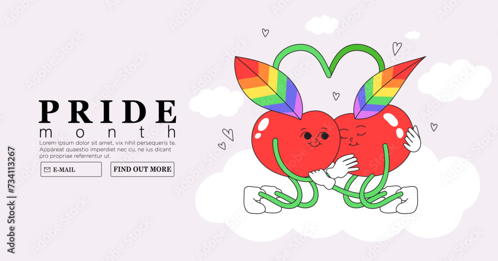 Two cute cherry hug each other tenderly with rainbow colored leaves. Trendy lgbtq or pride month event or festival banner, poster, placard, greeting card background. Funky kewpies characters.