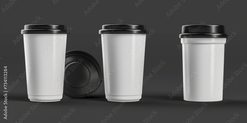 Three white cups with black lids on a gray background. Versatile image suitable for various uses Three white cups with black lids on a gray background. Versatile image suitable for various uses