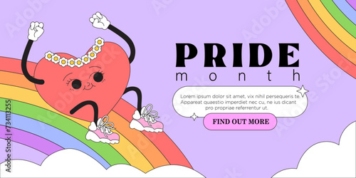 Lgbt pride month day festival banner, landing page, greeting post card, placard, flyer or poster. Funny trendy groovy kewpie heart character riding rainbow on grid squared background. Event invitation