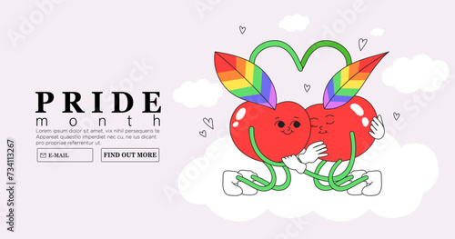 Two cute cherry hug each other tenderly with rainbow colored leaves. Trendy lgbtq or pride month event or festival banner  poster  placard  greeting card background. Funky kewpies characters.