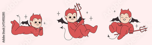 Collection of little cute devil characters in kewpies style. Set of kewpies doll in different poses with wings in groovy funky line tattoo style. Small comic kids pretending to be satan.