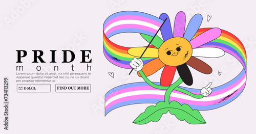 Cute funky groovy Kewpie character with rainbow lgbtq and transgender flag celebrate pride month or day vector flat illustration. LGBTQ social media banner or post template, greeting card.
