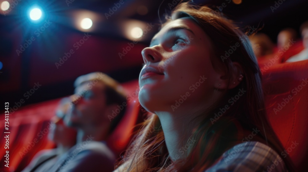 A woman sitting in front of a man in a movie theater. Suitable for illustrating a movie date or cinema experience