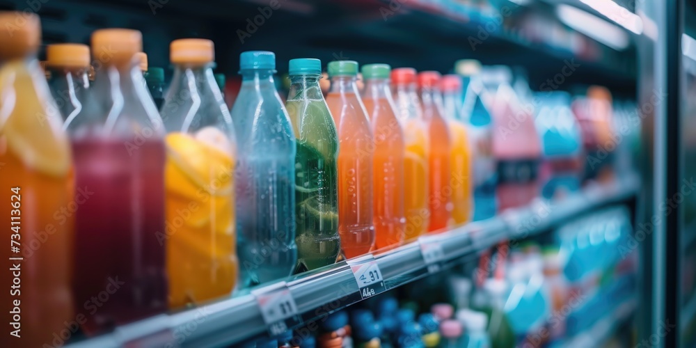 A collection of juice bottles displayed neatly on a shelf. Perfect for illustrating a variety of flavors and options for healthy beverages A collection of juice bottles displayed neatly on a shelf. Perfect for illustrating a variety of flavors and options for healthy beverages
