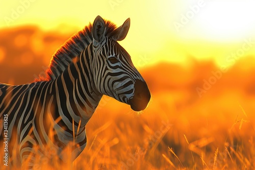 A zebra standing gracefully in a field of tall grass. Perfect for nature and wildlife themes © Fotograf