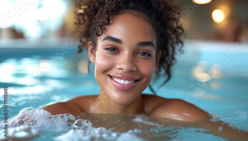 Radiant young woman with curly hair smiling in a pool, reflecting a sense of joy and relaxation.