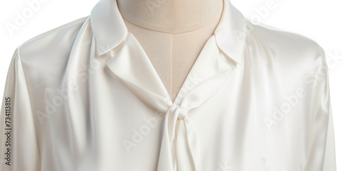 A detailed view of a white shirt displayed on a mannequin. Perfect for showcasing clothing designs or illustrating fashion trends