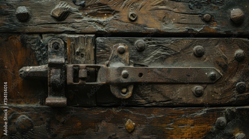 A detailed close-up view of a metal latch attached to a sturdy wooden door. This image can be used to depict security, home protection, or old-fashioned craftsmanship A detailed close-up view of a metal latch attached to a sturdy wooden door. This image can be used to depict security, home protection, or old-fashioned craftsmanship