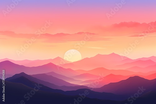 Vibrant sunset over a mountain range with gradient hues of orange and pink in the sky, casting a warm glow on the landscape.