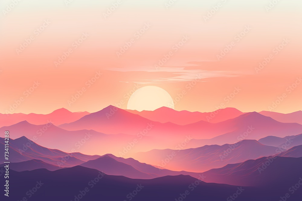 Vibrant sunset over a mountain range with gradient hues of orange and pink in the sky, casting a warm glow on the landscape.