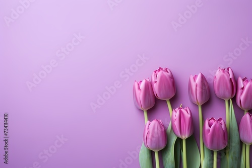 Vibrant tulip heads seen from above on a soft lilac background, presenting an inviting canvas for text. photo