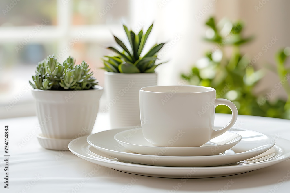 white dinnerware on a white plate with plants in a cu