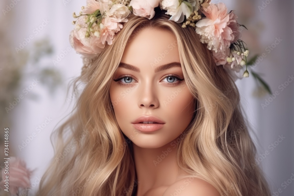 Graceful Female with Pastel Flower Crown in Soft Focus. Graceful Female with Pastel Flower Crown in Soft Focus.