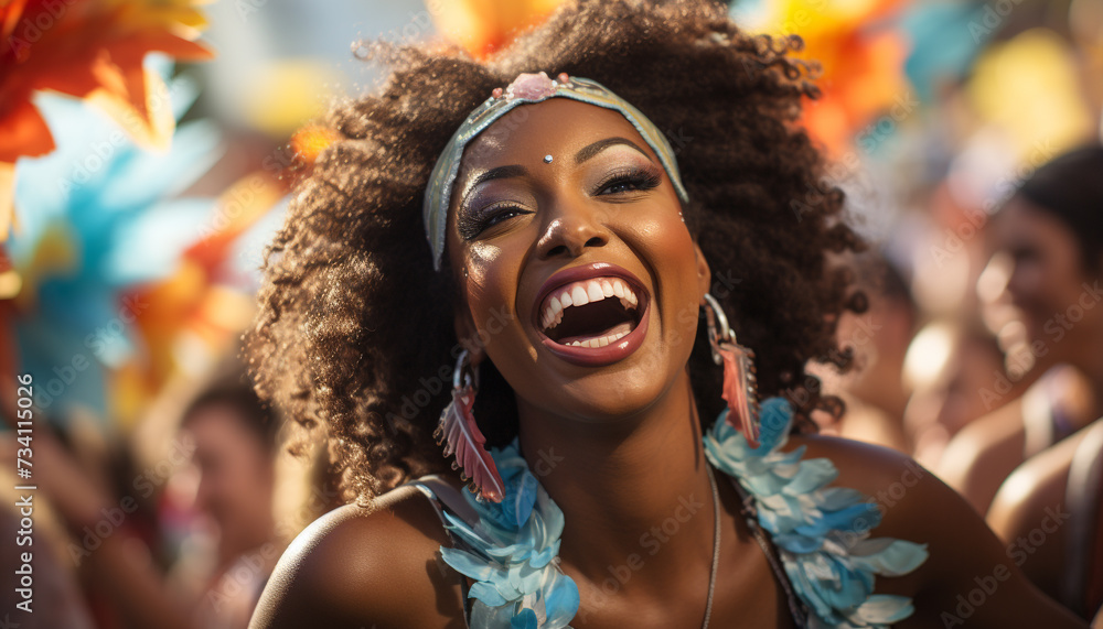 Young African women enjoying a colorful music festival, smiling and dancing generated by AI Young African women enjoying a colorful music festival, smiling and dancing generated by AI
