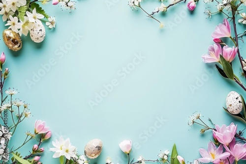 Spring Easter Background with Decorative Eggs and Blossoms on a Pastel Blue Surface.