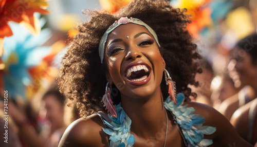 Young African women enjoying a colorful music festival, smiling and dancing generated by AI