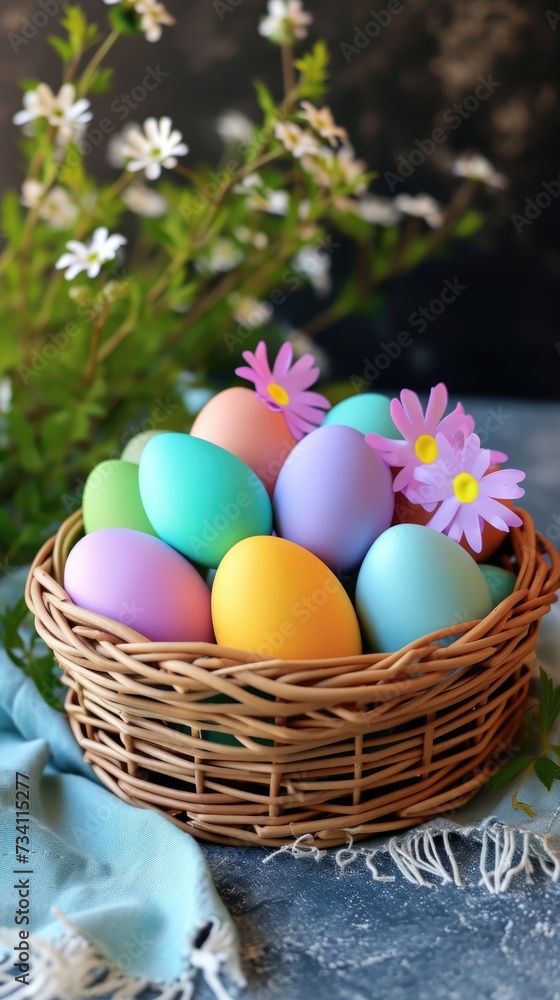 Colorful Easter Basket with Pastel Eggs and Pink Flowers on Dark Backdrop.